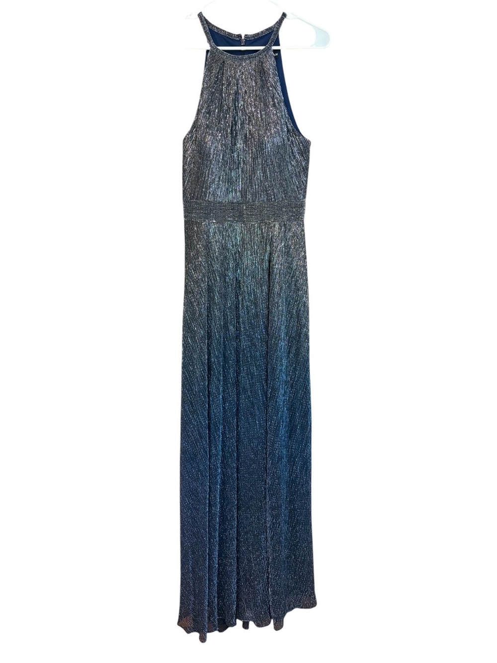 Betsy & Adam Shimmering Silver Blue Ombré Halter Maxi Dress